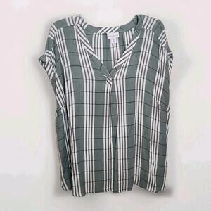 Liz Claiborne Women's Sage Cream Plaid Sleeveless V Neck Top